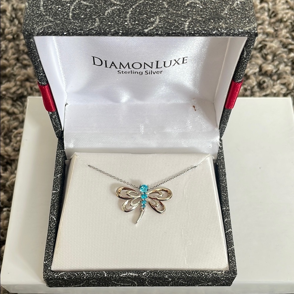Sterling Silver NIB Dragonfly Necklace with Blue Accents